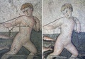 トルコ南部ハタイの考古学博物館に保管されている古代ローマ時代のモザイク画。左が修復前、右が修復後（2015年5月6日写真合成）。(c)AFP/Antakya Museum