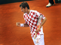 男子テニス国別対抗戦、デビスカップ（%%2009 Davis Cup%%）ワールドグループ準決勝、クロアチア対チェコ。初日はシングルス2試合が行われ、チェコが2連勝を飾り準決勝進出に王手をかけた。

　チェコは第1試合でラデク・ステパネク（%%Radek Stepanek%%）がイヴォ・カルロビッチ（%%Ivo Karlovic%%）に6-7、7-6、7-6、6-7、16-14で勝利し、第2試合ではトマス・ベルディハ（%%Tomas Berdych%%）がマリン・チリッチ（%%Marin Cilic%%）を6-3、6-3、3-6、4-6、6-3で下した。写真はポイントを奪いガッツポーズを見せるマリン・チリッチ。（2009年9月18日撮影）(c)AFP/HRVOJE POLAN