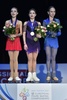 フィギュアスケート欧州選手権、女子シングル・フリースケーティング（FS）。表彰式に臨む（左から）2位のアンナ・シェルバコワ、優勝したアリョーナ・コストルナヤ、3位のアレクサンドラ・トゥルソワ（2020年1月25日撮影）。(c) Daniel MIHAILESCU/ AFP