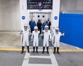 「クルードラゴン」2号機に搭乗する宇宙飛行士の（左から）トマ・ペスケさん、 メーガン・マッカーサーさん、シェーン・キンブローさん、星出彰彦さん。米フロリダ州のケネディ宇宙センターで。NASA TVの動画より（2021年4月23日撮影）。(c)AFP PHOTO / NASA / AUBREY GEMIGNANI