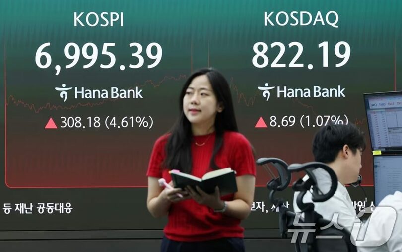 米国市場の追い風を受けてKOSPIが上昇した7日、ソウルのハナ銀行本店ディーリングルームの電光掲示板に終値が表示されている(c)news1