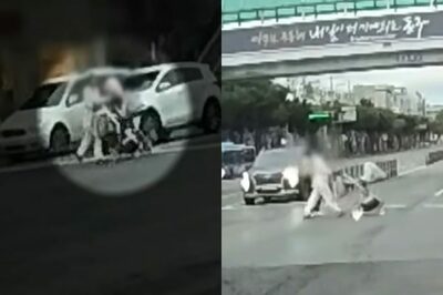 韓国・ベビーカー押して10車線を横断…すぐ後ろに歩道橋とエレベーター