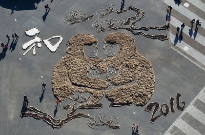 申年祝う巨大な地上絵登場、ひたち海浜公園