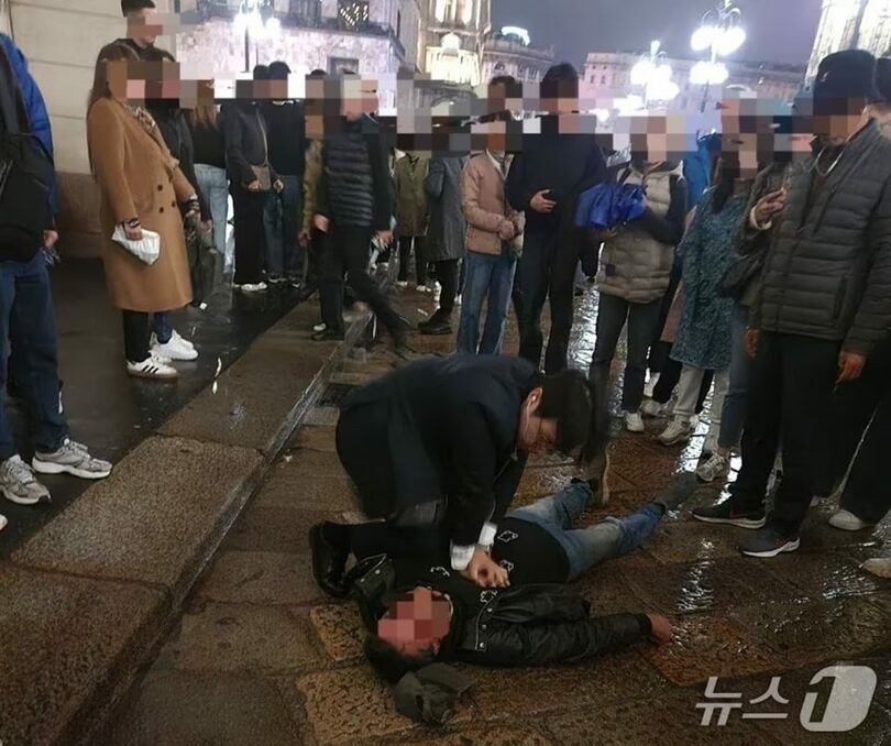 イタリア・ミラノのドゥオモ広場で心停止した男性を救助したユン・ジェホン氏＝ユン氏の弟提供(c)news1