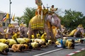 タイ・バンコクの旧市街にある王宮近くで、ワチラロンコン国王に敬意を表すための行進に参列する象（2019年5月7日撮影）。(c)Jewel SAMAD / AFP