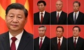 中国共産党の総書記に再任された習近平国家主席（左）と、党最高指導部の政治局常務委員に選出された（右上・左から）王滬寧氏、蔡奇氏、趙楽際氏（右下・左から）李希氏、李強氏、丁薛祥氏（2022年10月23日撮影）。(c)Noel CELIS / AFP