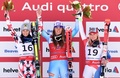 アルペンスキー世界選手権2015、女子滑降。表彰式に臨む（左から）2位のアンナ・フェニンガー、優勝したティナ・マゼ、3位のララ・グート（2015年2月6日撮影）。(c)AFP/MARK RALSTON