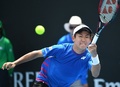 全豪オープンテニス、男子シングルス1回戦。フォアハンドを打つ西岡良仁（2017年1月17日撮影）。(c)AFP/SAEED KHAN
