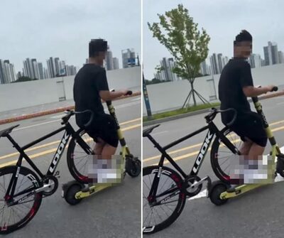 韓国の道路で電動キックボードに自転車を載せ走行、危険行為に批判