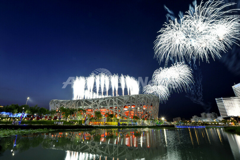 北京五輪開会式リハーサル、打ち上げ花火が夜空彩る
