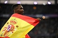 パリ五輪、陸上男子三段跳び決勝。優勝を喜ぶスペインのホルダン・ディアス（2024年8月9日撮影）。(c)Ben STANSALL / AFP