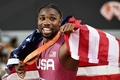 第19回世界陸上ブダペスト大会、男子100メートル決勝。優勝を喜ぶ米国のノア・ライルズ（2023年8月20日撮影）。(c)Kirill KUDRYAVTSEV / AFP