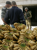 2008年4月13日、パレスチナ自治区ヨルダン川西岸（West Bank）ヘブロン（Hebron）旧市街の果実市場と、巡回するイスラエル軍兵士。(c)AFP/HAZEM BADER