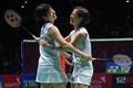 バドミントン、全英オープン、女子ダブルス決勝。優勝を喜ぶ福島由紀/廣田彩花組（2020年3月15日撮影）。 (c)Oli SCARFF / AFP