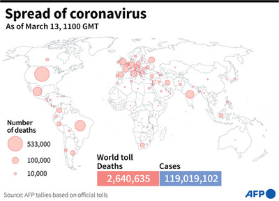 新型コロナウイルス、現在の感染者・死者数（13日午後8時時点） 死者264万人に