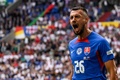 サッカー欧州選手権、決勝トーナメント1回戦、イングランド対スロバキア。先制点を決めて喜ぶスロバキアのイバン・シュランツ（2024年6月30日撮影）。(c)INA FASSBENDER / AFP