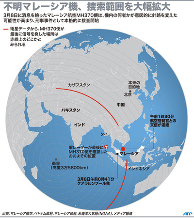 【図解】不明マレーシア機、捜索範囲を大幅拡大