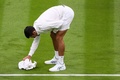 テニス、ウィンブルドン選手権、男子シングルス1回戦。芝をタオルで乾かそうとするノバク・ジョコビッチ（2023年7月3日撮影）。(c)Daniel LEAL / AFP