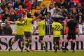 12-13スペイン1部リーグは17日、第28節の試合が各地で行われ、マラガ（Malaga CF）は0-2でRCDエスパニョール（RCD Espanyol）に敗れた。

後半4分に先制ゴールを挙げてチームメイトと歓喜するRCDエスパニョールのディエゴ・コロット（Diego Colotto、左、2013年3月17日撮影）。(c)AFP/JORGE GUERRERO
