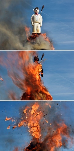 激しく燃える雪だるまで夏を占う、スイスの伝統行事