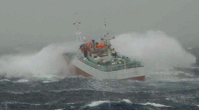 捕鯨船団追跡、天候大荒れで一時中止