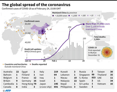新型コロナウイルス、感染者が確認された国と地域（25日0時現在）