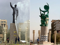 イラクの首都バグダッド（Baghdad）のal-Fardous広場のサダム・フセイン（Saddam Hussein）大統領（当時）の像（左、2003年3月30日撮影）と、同じ広場の「自由の像（Statue of Liberty）」（右、2008年3月9日撮影）。(c)AFP/AHMAD AL-RUBAYE