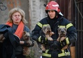 ウクライナの首都キーウで、ロシアによる攻撃の後、犬を抱えながら女性を避難させる救助隊（2022年10月10日撮影）。(c)AFP PHOTO / Sergei SUPINSKY / AFP
