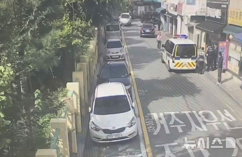 詐欺の指名手配犯が無断で横断歩道を渡ろうとして警察に逮捕された際の様子＝ソウル警察庁機動巡察隊提供(c)NEWSIS