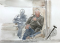 南仏アビニョンで、公判に臨むドミニク・ペリコ被告（右）を描いた法廷画（2024年9月17日作成）。(c)Benoit PEYRUCQ / AFP

