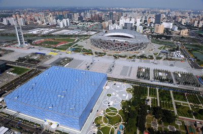 北京市内の航空写真、五輪会場や市内一の高層ビル