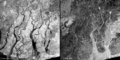 欧州宇宙機関（European Space Agency、ESA）の衛星が撮影した、大型サイクロン「Nargis」による被害を受けたミャンマー南西部エヤワディ（Irrawaddy）管区のデルタ地帯の洪水の様子（左、2008年2月5日撮影、右、2008年5月5日撮影）。(c)AFP/ESA