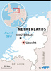 発砲事件があったオランダ・ユトレヒトの位置を示した地図。(c)AFP