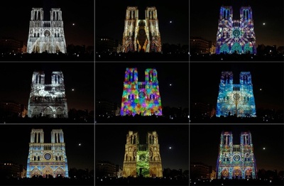 ノートルダム大聖堂、カラフルにライトアップ 第1次世界大戦100年イベント