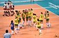 女子バレーボール・ワールドグランプリ（FIVB World Grand Prix 2014）決勝ラウンド最終日、日本対ブラジル。試合に勝利し喜ぶブラジルの選手（2014年8月24日撮影）。(c)AFP/KAZUHIRO NOGI
