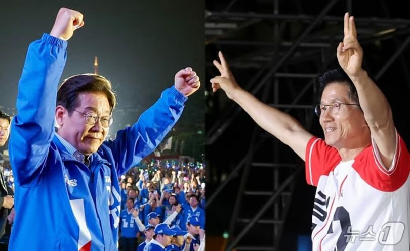 6月2日夜、ソウルの汝矣島公園で最後の遊説に臨むイ・ジェミョン(李在明)候補(左)とキム・ムンス(金文洙)候補(c)news1