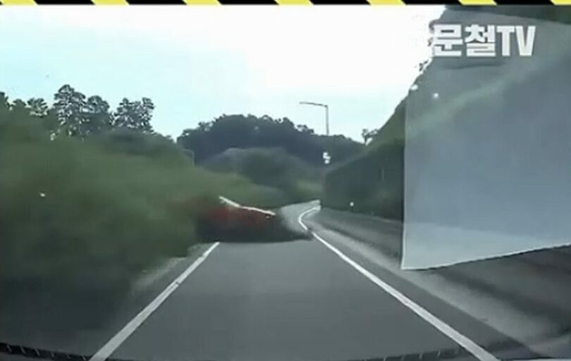 茂みを突き破って飛び出したカマロ＝2025年9月26日、YouTubeチャンネル「ハン・ムンチョルTV」(c)NEWSIS