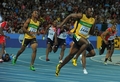 第13回世界陸上大邱大会（13th IAAF World Championships in Athletics Daegu）は4日、男子4×100メートルリレー決勝が行われ、ジャマイカが37秒04の世界新記録で金メダルを獲得した。

レースに臨むジャマイカの第4走者のウサイン・ボルト（Usain Bolt、2011年9月4日撮影）。(c)AFP/KIM JAE-HWAN
