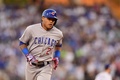 17MLBプレーオフ、ナ・リーグ優勝決定シリーズ（7回戦制）、ロサンゼルス・ドジャース対シカゴ・カブス。ソロ本塁打を放ったシカゴ・カブスのアディソン・ラッセル（2017年10月15日撮影）。(c)AFP/Getty Images/Harry How