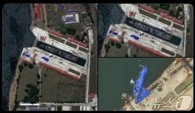 北朝鮮・羅津港のドライドックに係留された新型駆逐艦=ジェイク・エプスタイン氏「X」(c)news1