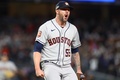 22MLB、ア・リーグ優勝決定シリーズ（7回戦制）、ニューヨーク・ヤンキース対ヒューストン・アストロズ。最後のアウトを取って喜ぶヒューストン・アストロズのライアン・プレスリー（2022年10月23日撮影）。(c)Elsa/Getty Images/AFP