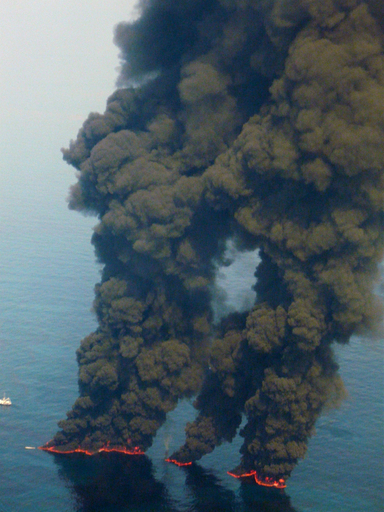 焼却処分される原油から立ち上る黒煙、メキシコ湾