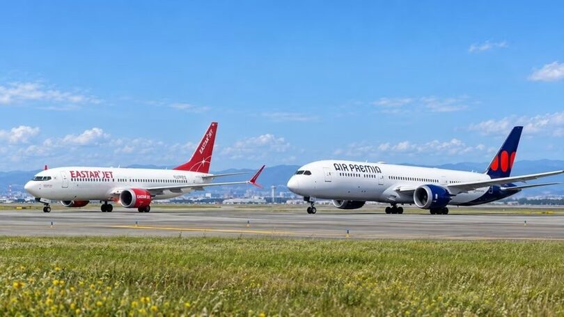 イースター航空のボーイング737-8（左）とエアプレミアのボーイング787-9。写真を生成AIで合成＝2026年9月26日(c)news1