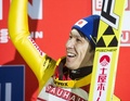 スキージャンプW杯2013-2014男子個人第25戦。３位に入り歓喜する葛西紀明（Noriaki Kasai、2014年3月7日撮影）。(c)AFP/NTB SCANPIX/NED ALLEY