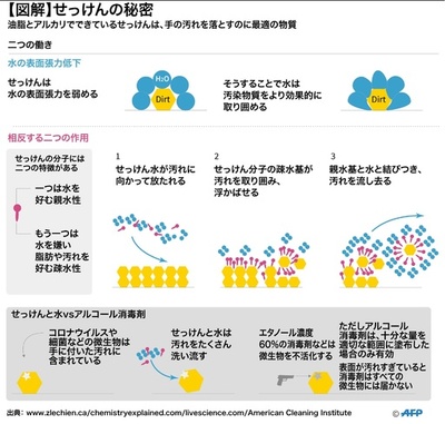 【図解】せっけんの秘密、手の汚れを落とす最適の物質