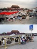 中国・北京の天安門広場で寝る学生たち（上、1989年5月21日撮影）と現在の天安門広場の様子（下、2019年5月18日撮影）を並べた写真（2019年5月29日作成）。(c)NAOCHIRO KIMURA and Greg Baker / AFP

