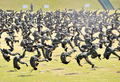 韓国は1日、「国軍の日（Armed Forces Day）」61周年を迎え、鶏龍（Gyeryong）の陸海空軍本部で記念式典が開かれた。式典に出席した李明博（Lee Myung-bak、イ・ミョンバク）韓国大統領は軍に対し、北朝鮮は韓国に対する脅しを多様化させるだろうと述べ、北朝鮮は最近和平案を提案しているものの、警戒を怠らないよう促した。

写真は鶏龍で開かれた「国軍の日」61周年記念式典で、武術を披露する韓国軍兵士（2009年10月1日撮影）。(c)AFP/JUNG YEON-JE