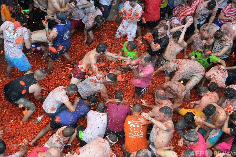 3年ぶりトマトまみれ！ スペインで祭り開催