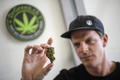 スイス・ローザンヌのマリフアナ販売店「ドクター・グリーン」で、乾燥させた合法大麻草のつぼみを手にする同店の共同創設者ポール・モノさん（2017年4月7日撮影）。(c)AFP/FABRICE COFFRINI