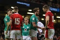 ラグビーシックスネーションズ第1節、ウェールズ対アイルランド。試合後に健闘をたたえ合う両チームの選手（2023年2月4日撮影）。(c)Geoff Caddick / AFP